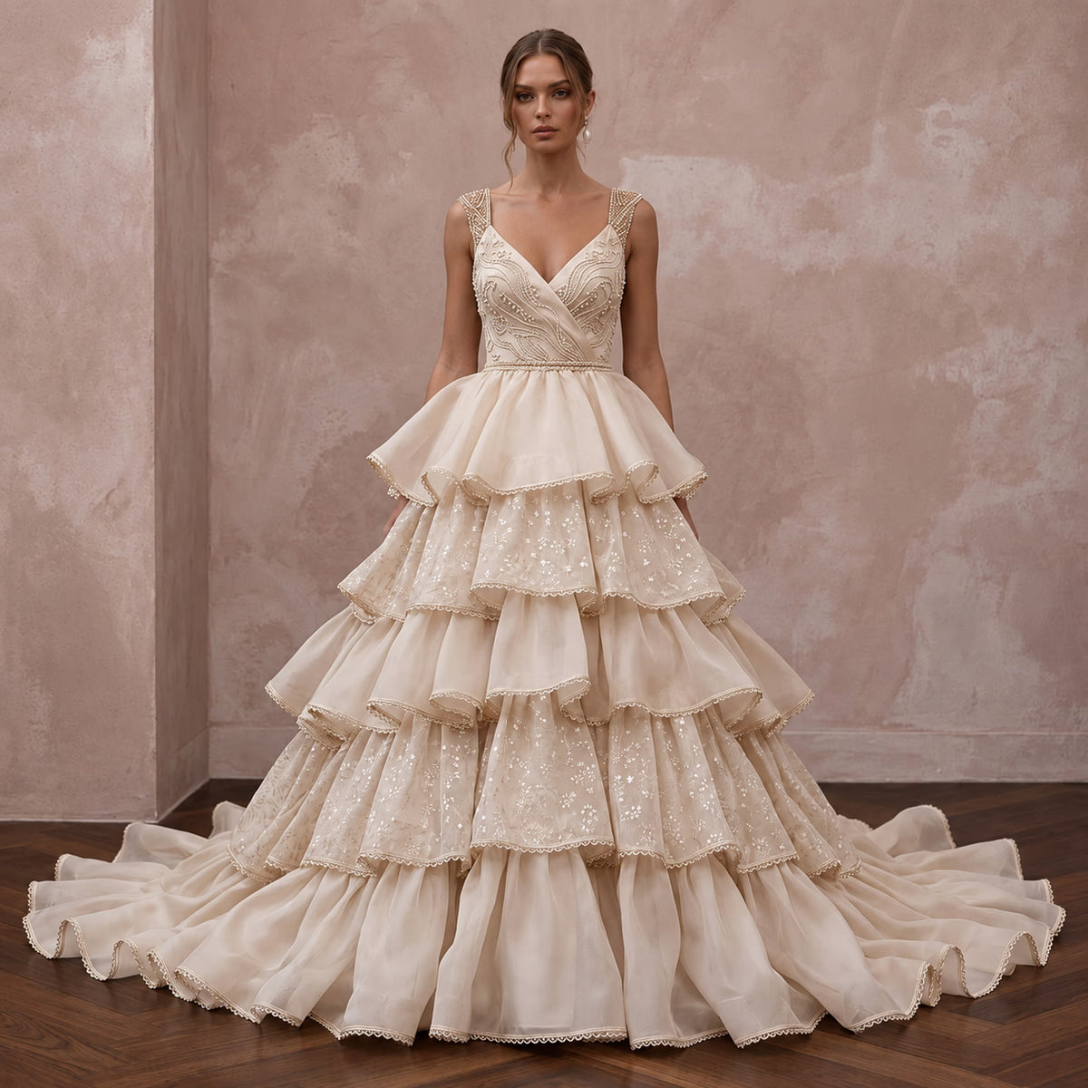 Champagne Organza Tiered Ruffle Skirt Ball Gown for Grand Ballroom Vows - Apparel & Accessories > Clothing > Wedding & Bridal Party Dresses > Wedding Dresses - Mignonette Bridal