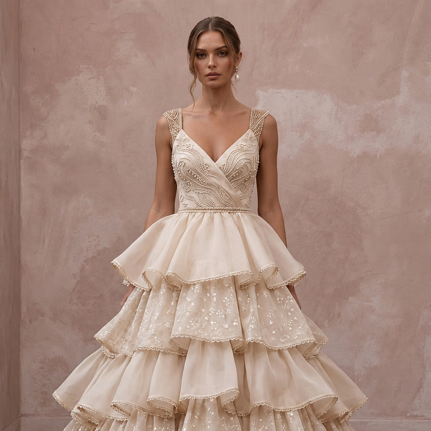 Champagne Organza Tiered Ruffle Skirt Ball Gown for Grand Ballroom Vows - Apparel & Accessories > Clothing > Wedding & Bridal Party Dresses > Wedding Dresses - Mignonette Bridal