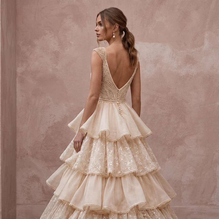 Champagne Organza Tiered Ruffle Skirt Ball Gown for Grand Ballroom Vows - Apparel & Accessories > Clothing > Wedding & Bridal Party Dresses > Wedding Dresses - Mignonette Bridal