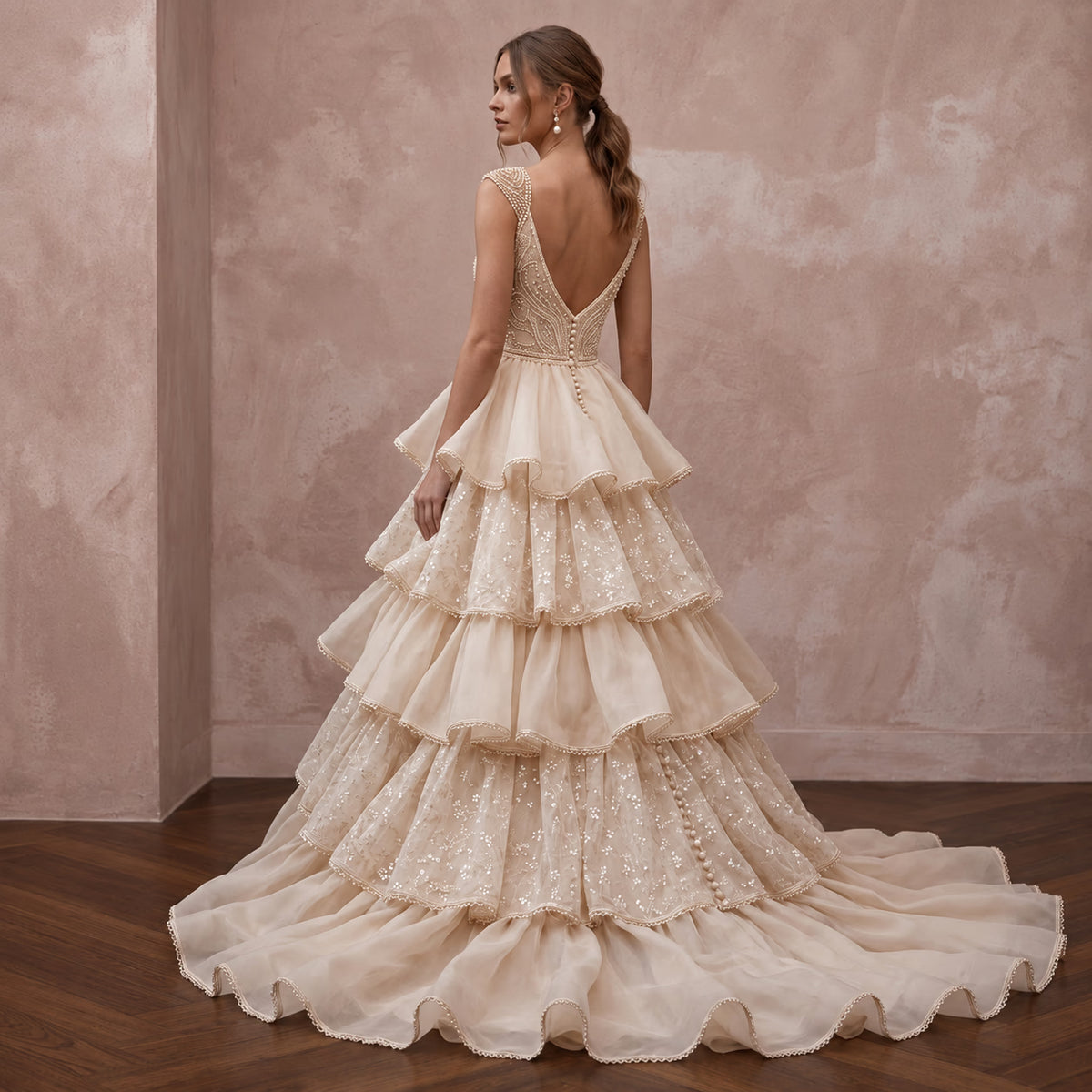 Champagne Organza Tiered Ruffle Skirt Ball Gown for Grand Ballroom Vows - Apparel & Accessories > Clothing > Wedding & Bridal Party Dresses > Wedding Dresses - Mignonette Bridal