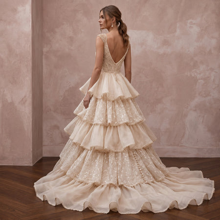 Champagne Organza Tiered Ruffle Skirt Ball Gown for Grand Ballroom Vows - Apparel & Accessories > Clothing > Wedding & Bridal Party Dresses > Wedding Dresses - Mignonette Bridal