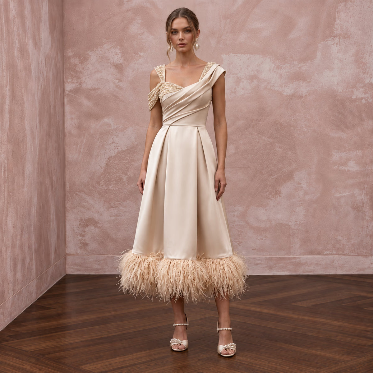 Champagne Satin Midi Dress with Feather Trim Hem - Apparel & Accessories > Clothing > Wedding & Bridal Party Dresses > Wedding Dresses - Mignonette Bridal Main image