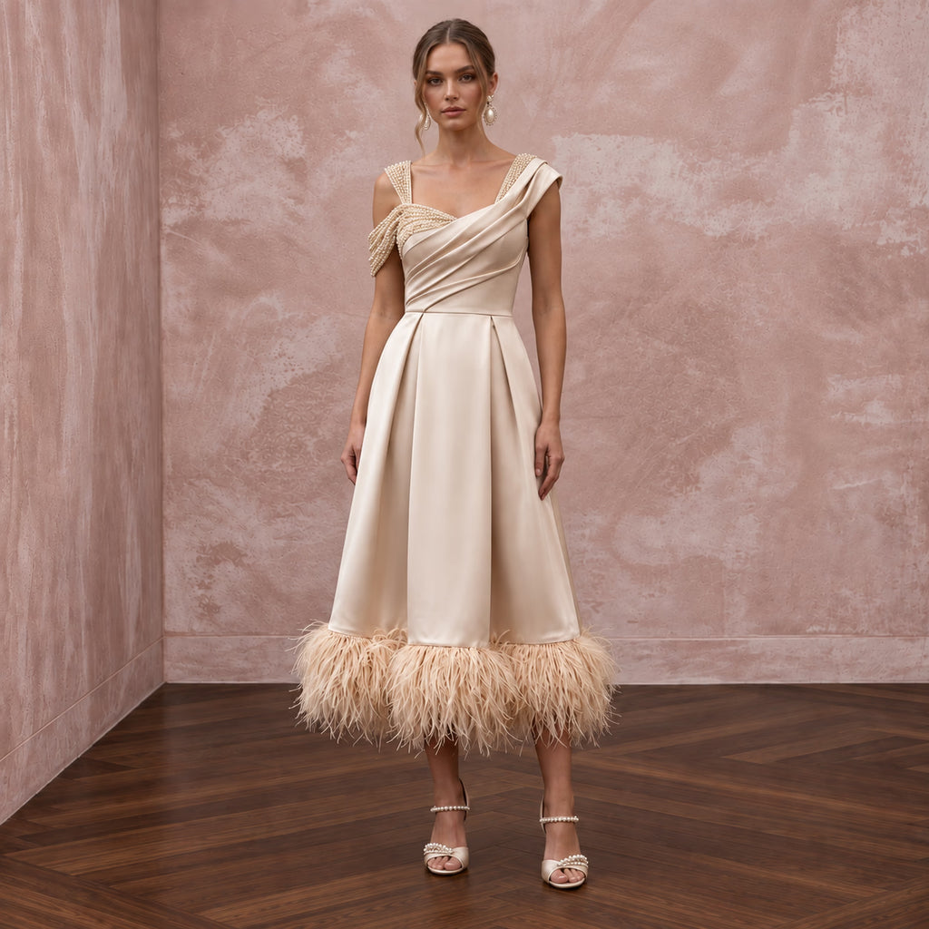 Champagne Satin Midi Dress with Feather Trim Hem