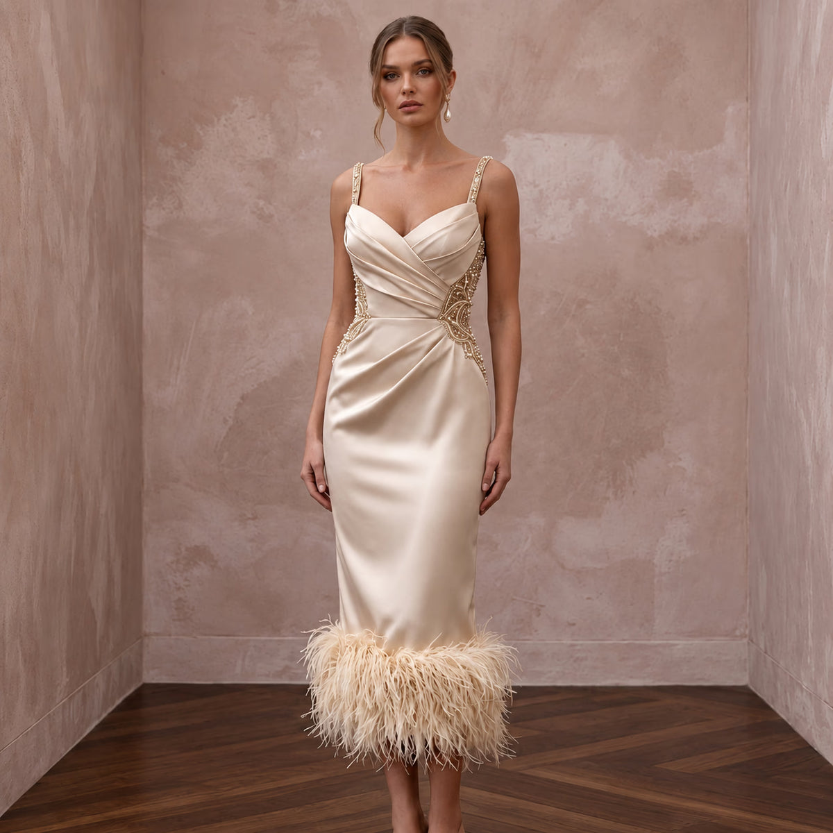 Champagne Satin Midi Dress with Feather Trim Hem Main image