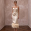 Champagne Satin Midi Dress with Feather Trim Hem