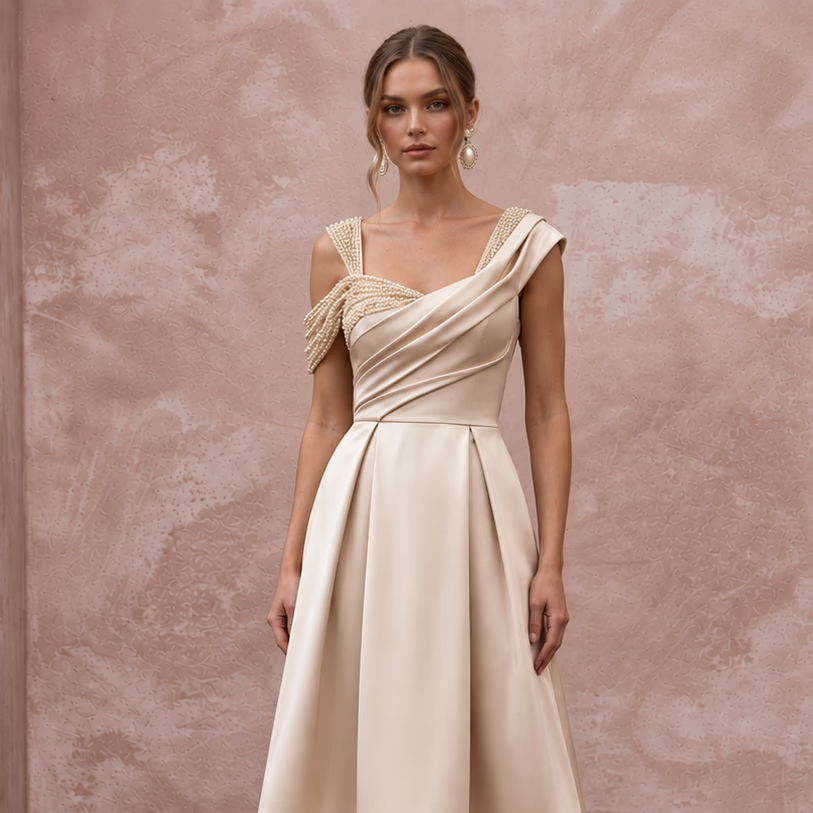 Champagne Satin Midi Dress with Feather Trim Hem