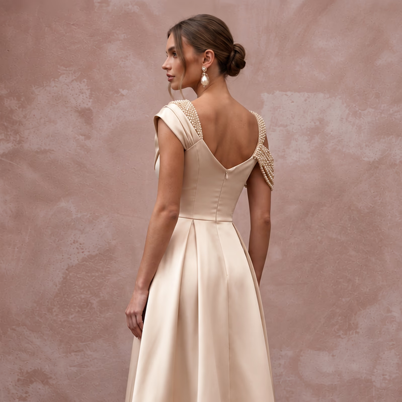 Champagne Satin Midi Dress with Feather Trim Hem