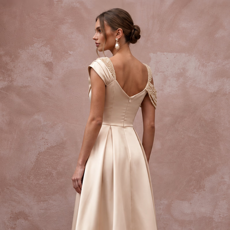 Champagne Satin Midi Dress with Feather Trim Hem