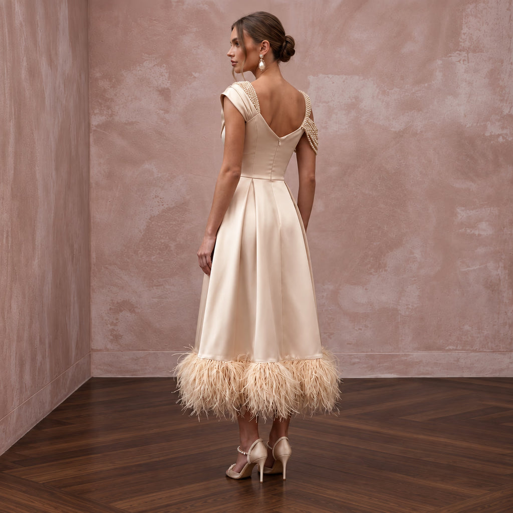 Champagne Satin Midi Dress with Feather Trim Hem