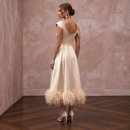 Champagne Satin Midi Dress with Feather Trim Hem
