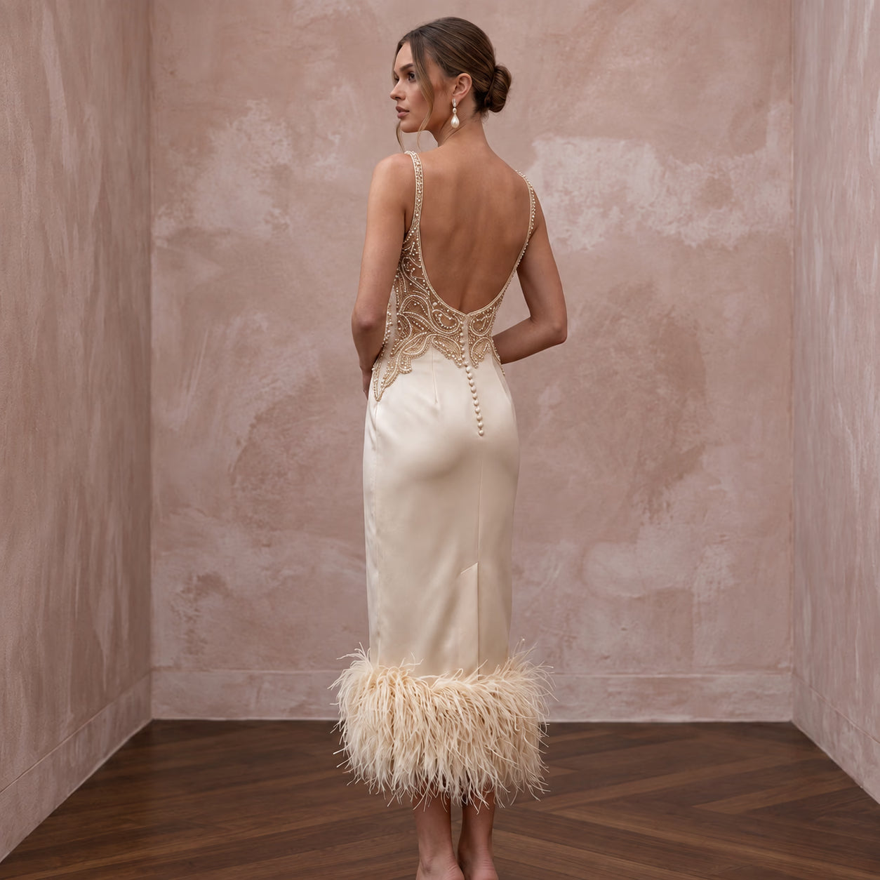 Champagne Satin Midi Dress with Feather Trim Hem Secondary image