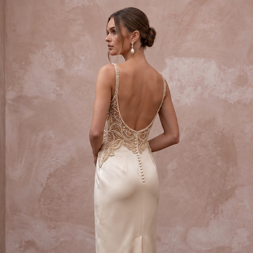 Champagne Satin Midi Dress with Feather Trim Hem
