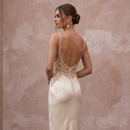 Champagne Satin Midi Dress with Feather Trim Hem