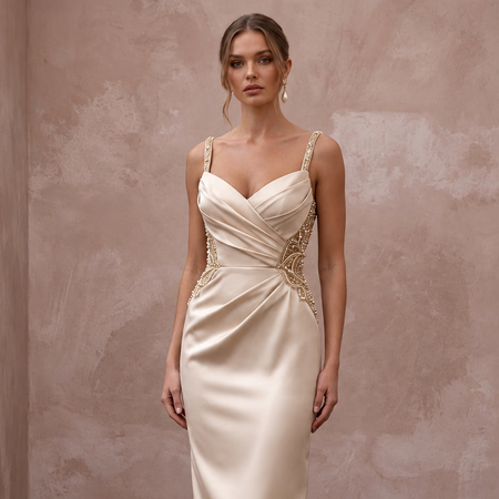 Champagne Satin Midi Dress with Feather Trim Hem