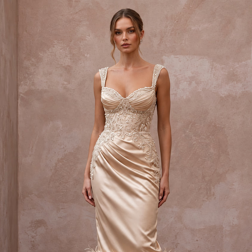 Champagne Satin Midi Dress with Ostrich Feather Trim Hem