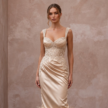 Champagne Satin Midi Dress with Ostrich Feather Trim Hem