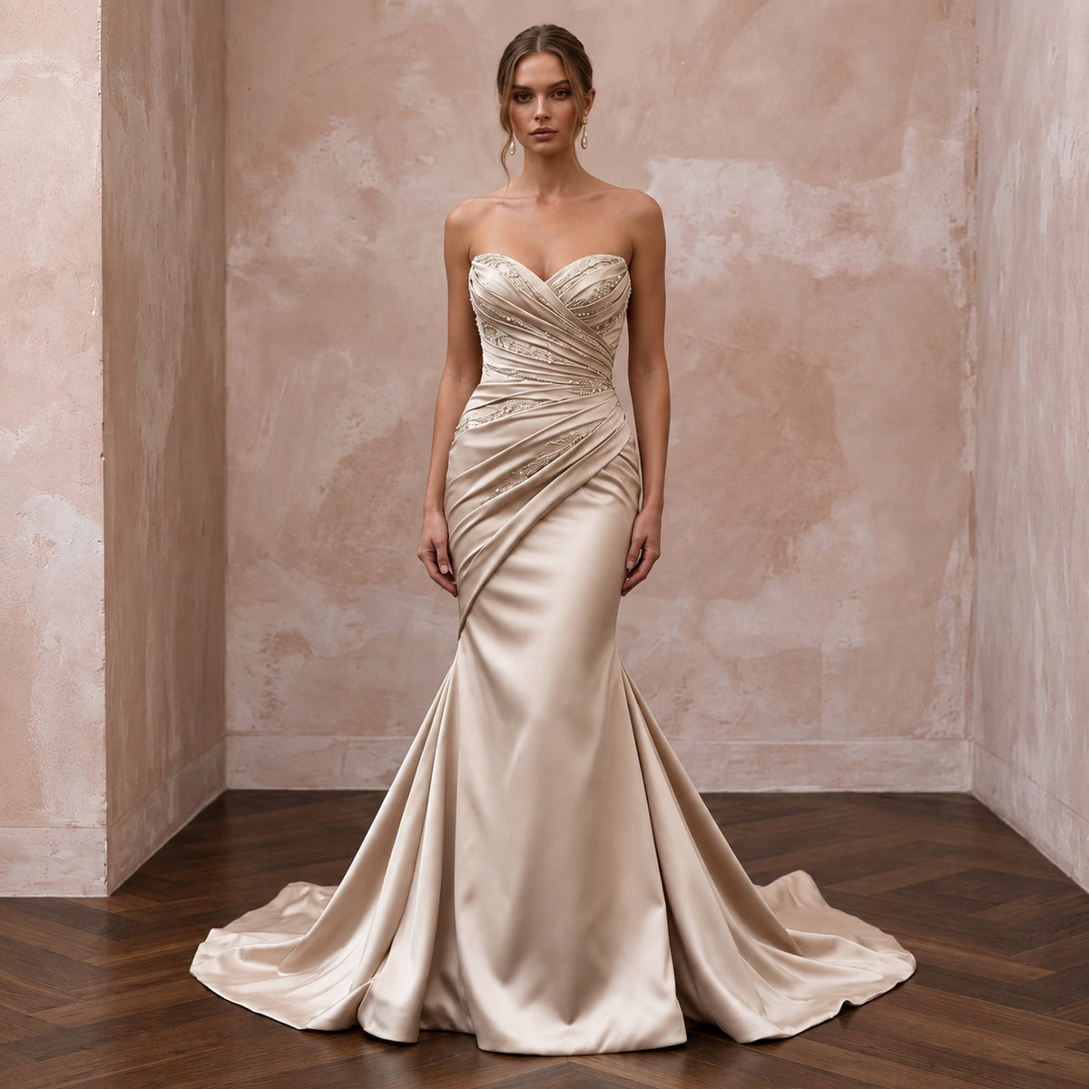 Champagne Satin Ruched Bodice Strapless Fit - and - Flare Dress - Apparel & Accessories > Clothing > Wedding & Bridal Party Dresses > Wedding Dresses - Mignonette Bridal Main image