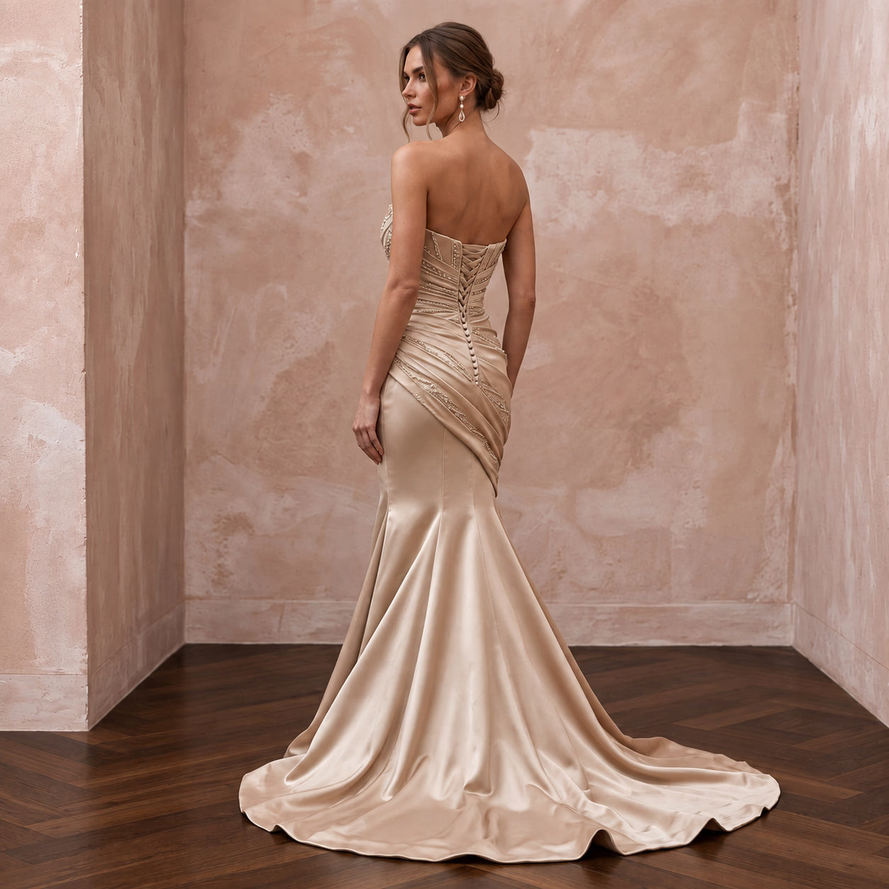 Champagne Satin Ruched Bodice Strapless Fit-and-Flare Dress Secondary image
