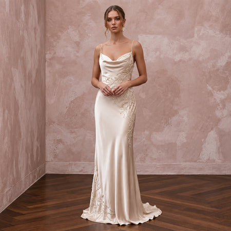Champagne Silk Charmeuse Cowl Neck Bias Cut Slip Dress