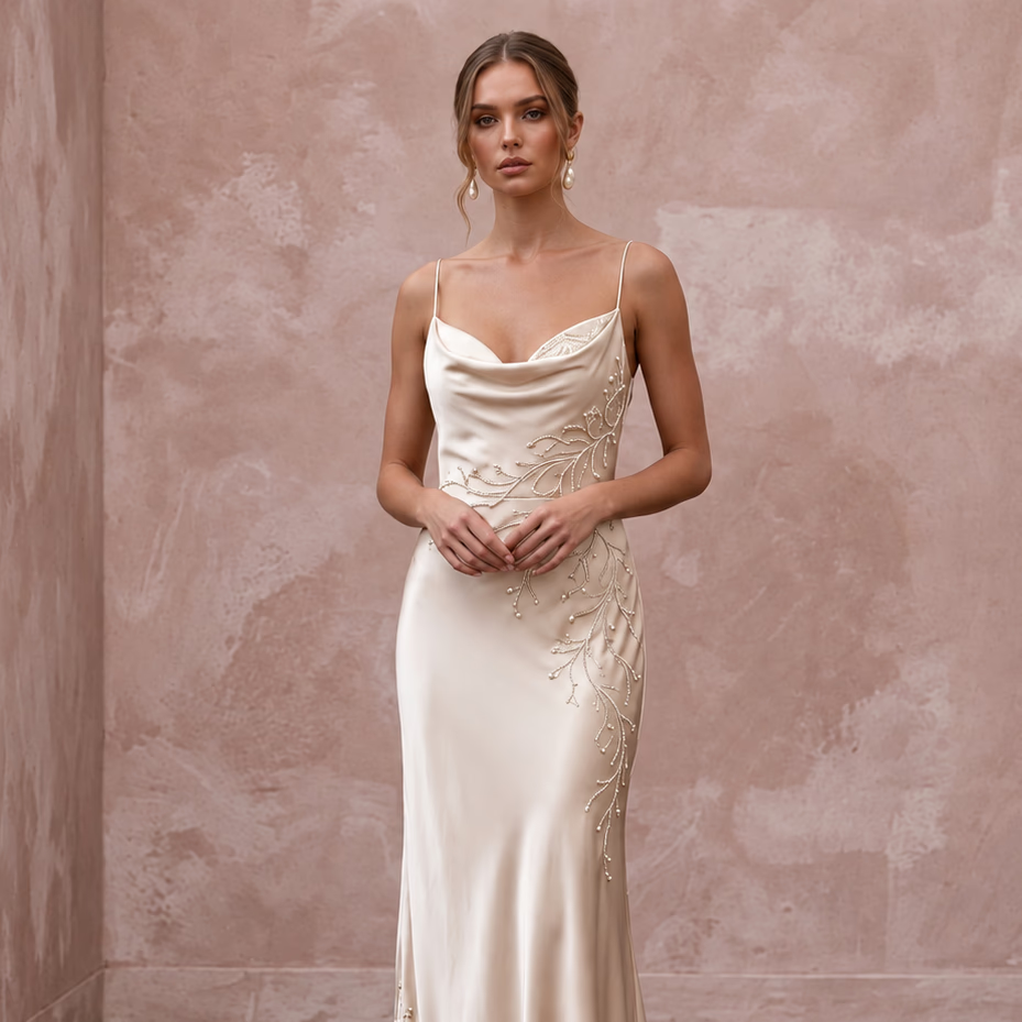 Champagne Silk Charmeuse Cowl Neck Bias Cut Slip Dress
