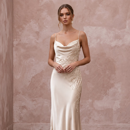 Champagne Silk Charmeuse Cowl Neck Bias Cut Slip Dress
