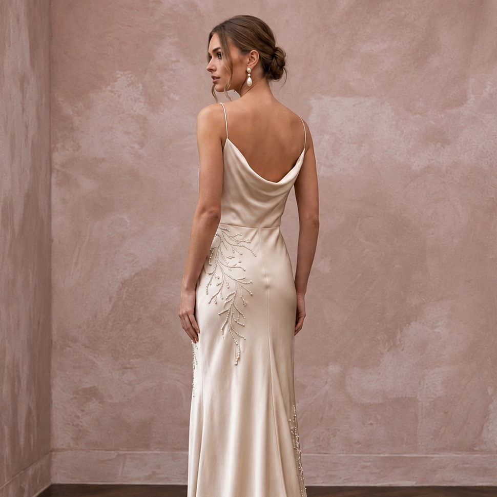 Champagne Silk Charmeuse Cowl Neck Bias Cut Slip Dress