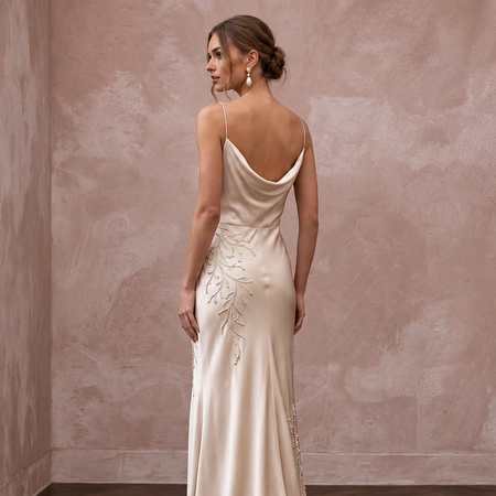 Champagne Silk Charmeuse Cowl Neck Bias Cut Slip Dress