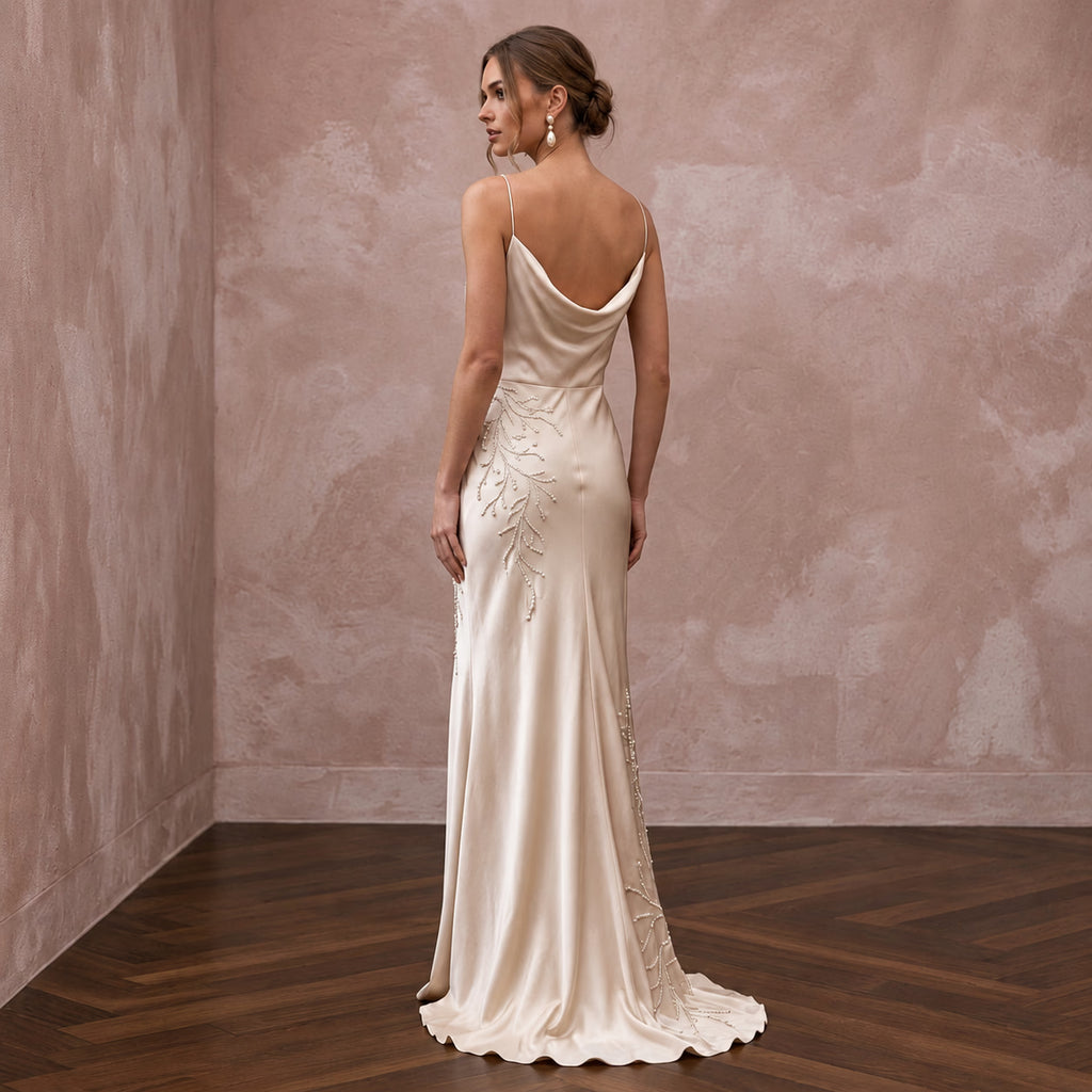 Champagne Silk Charmeuse Cowl Neck Bias Cut Slip Dress