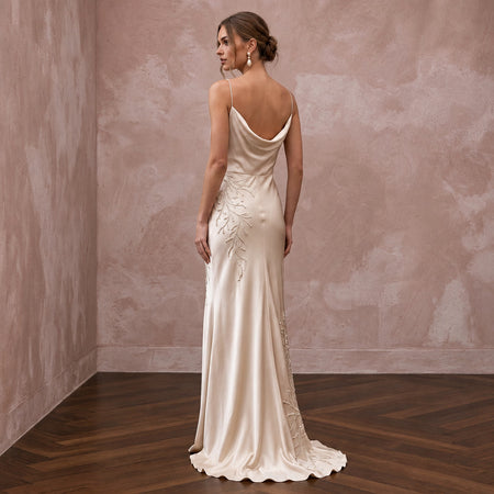 Champagne Silk Charmeuse Cowl Neck Bias Cut Slip Dress