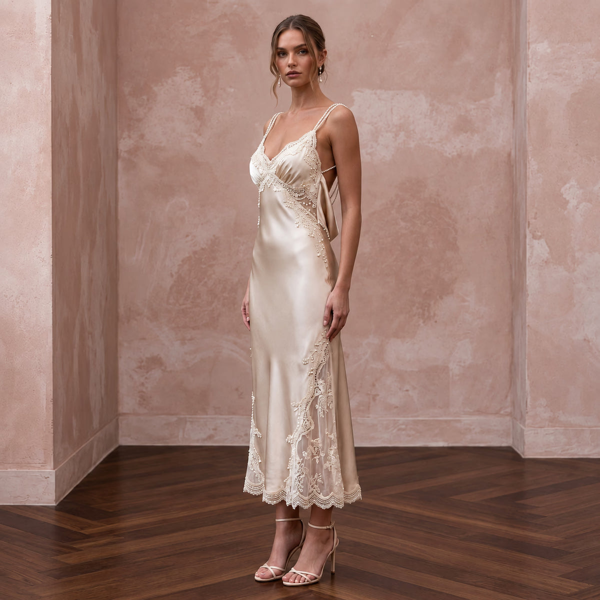 Champagne Silk Charmeuse Midi Slip Dress with Cowl Back - Apparel & Accessories > Clothing > Wedding & Bridal Party Dresses > Wedding Dresses - Mignonette Bridal