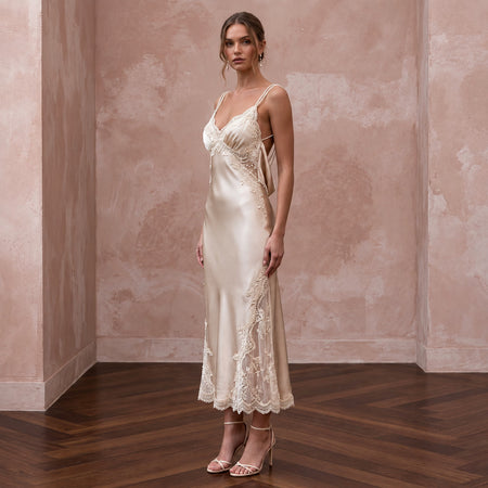 Champagne Silk Charmeuse Midi Slip Dress with Cowl Back - Apparel & Accessories > Clothing > Wedding & Bridal Party Dresses > Wedding Dresses - Mignonette Bridal