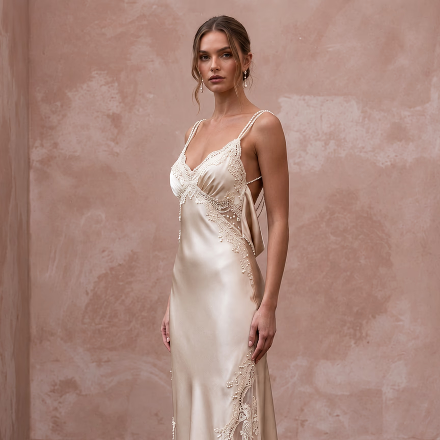 Champagne Silk Charmeuse Midi Slip Dress with Cowl Back - Apparel & Accessories > Clothing > Wedding & Bridal Party Dresses > Wedding Dresses - Mignonette Bridal