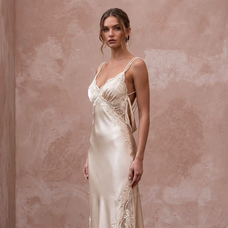 Champagne Silk Charmeuse Midi Slip Dress with Cowl Back - Apparel & Accessories > Clothing > Wedding & Bridal Party Dresses > Wedding Dresses - Mignonette Bridal