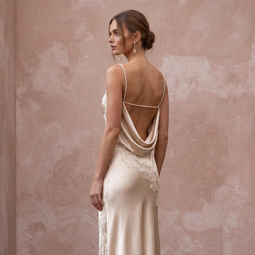Champagne Silk Charmeuse Midi Slip Dress with Cowl Back - Apparel & Accessories > Clothing > Wedding & Bridal Party Dresses > Wedding Dresses - Mignonette Bridal