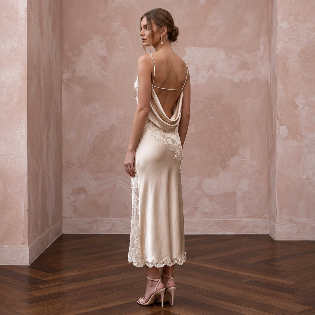 Champagne Silk Charmeuse Midi Slip Dress with Cowl Back - Apparel & Accessories > Clothing > Wedding & Bridal Party Dresses > Wedding Dresses - Mignonette Bridal