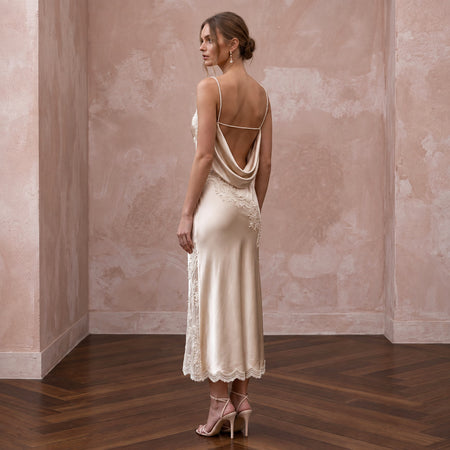 Champagne Silk Charmeuse Midi Slip Dress with Cowl Back - Apparel & Accessories > Clothing > Wedding & Bridal Party Dresses > Wedding Dresses - Mignonette Bridal