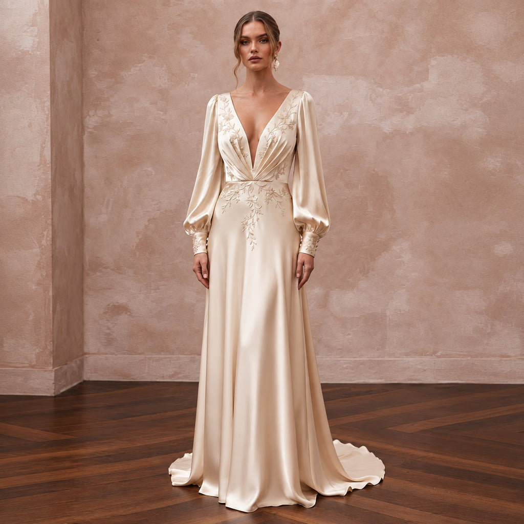 Champagne Silk Charmeuse Plunge Neck Flowing Maxi Dress