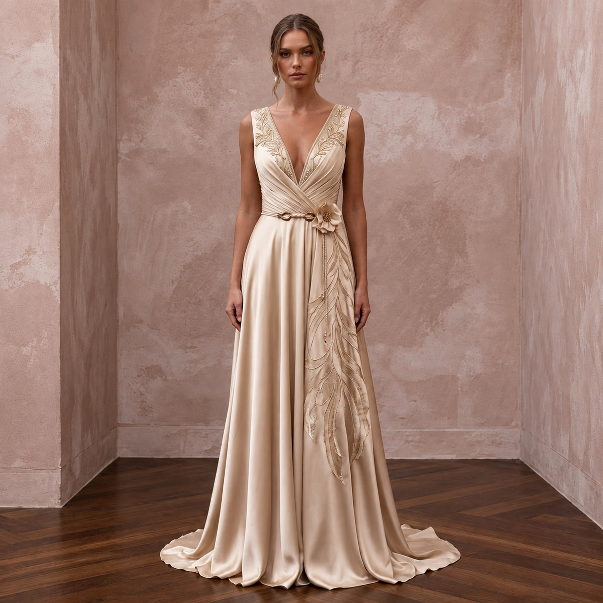 Champagne silk charmeuse maxi dress with plunging neckline and floral embroidery detail. Elegant and flowing design.