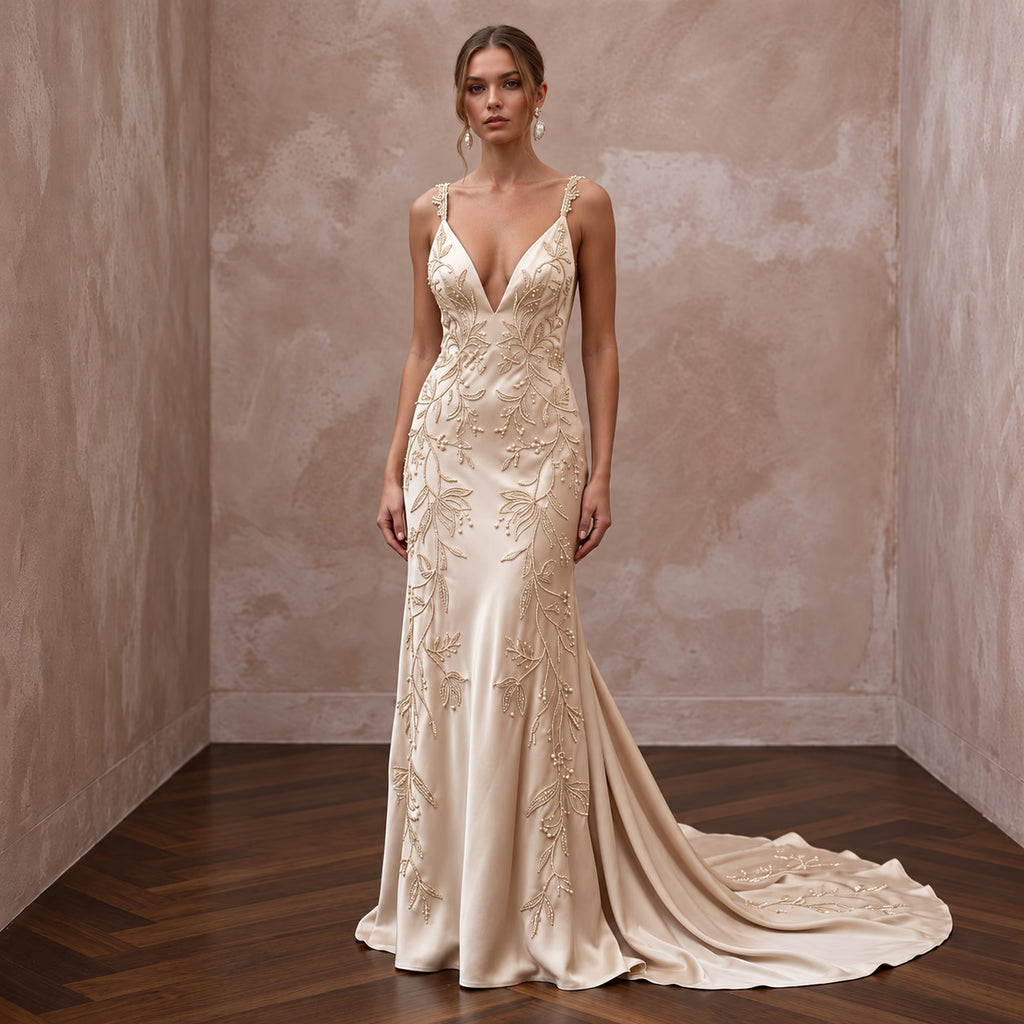 Champagne Silk Charmeuse Plunge Neck Flowing Maxi Dress