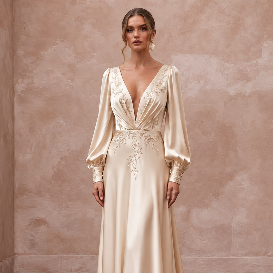 Champagne Silk Charmeuse Plunge Neck Flowing Maxi Dress