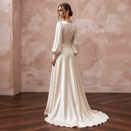 Champagne Silk Charmeuse Plunge Neck Flowing Maxi Dress