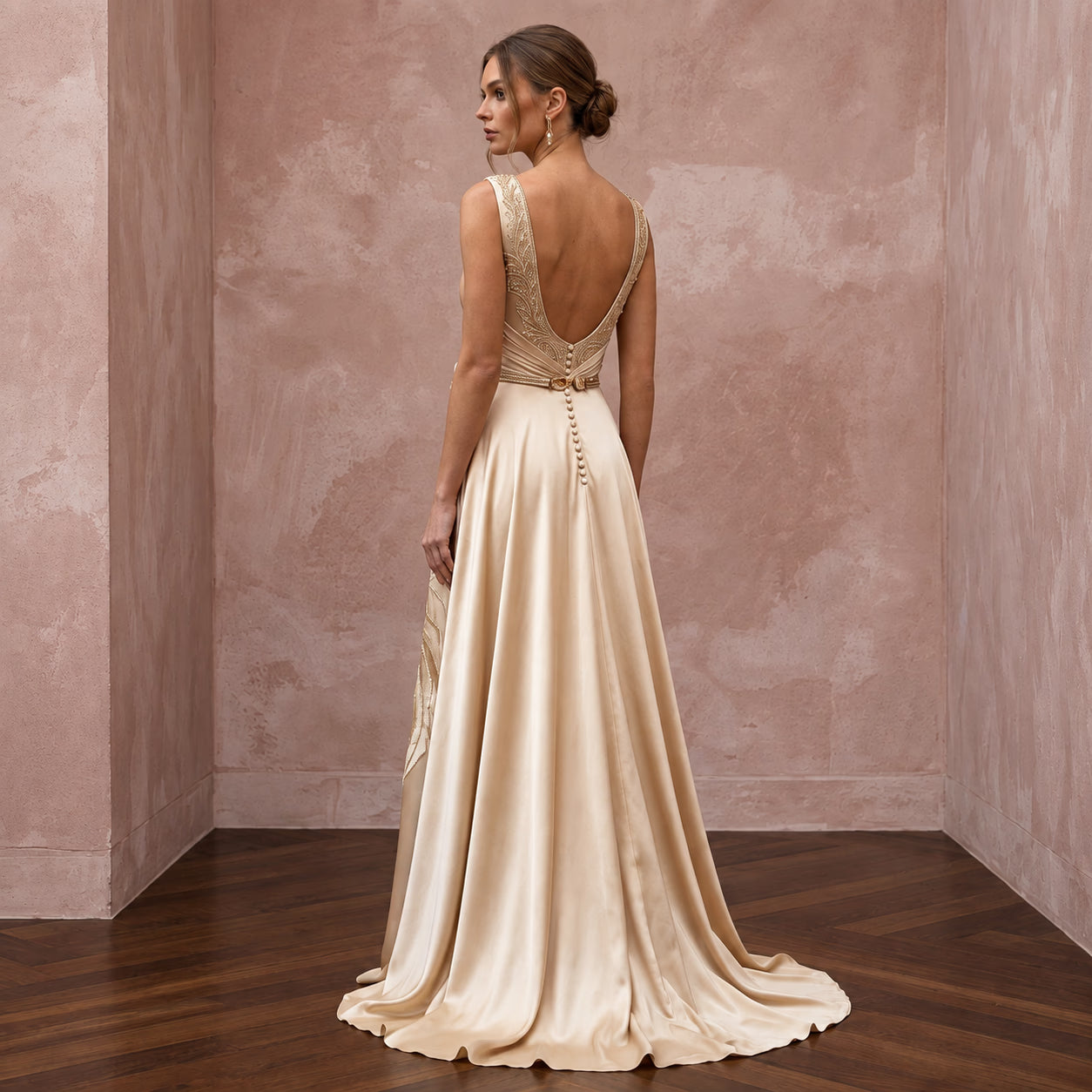 Champagne Silk Charmeuse Plunge Neck Flowing Maxi Dress Secondary image