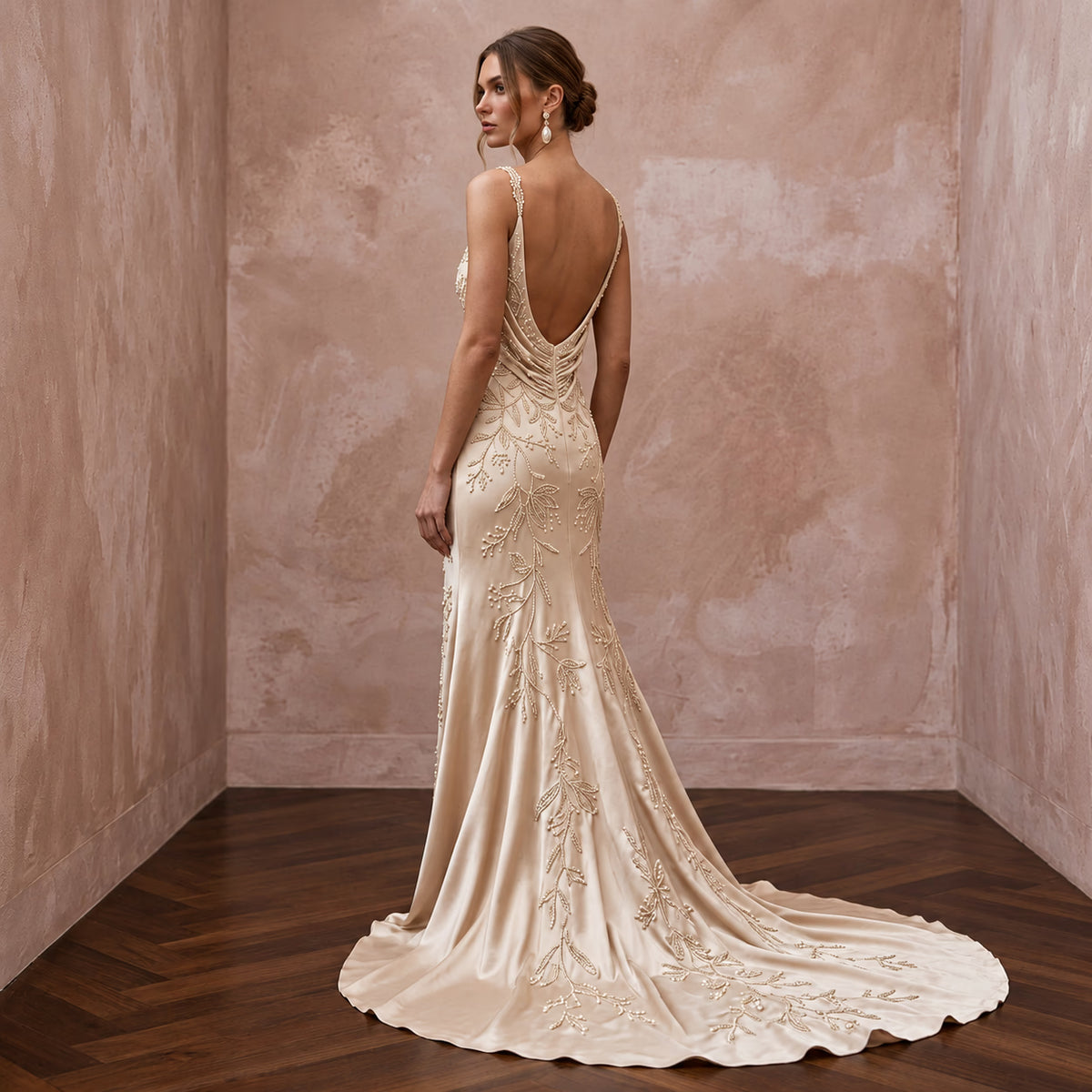 Champagne Silk Charmeuse Plunge Neck Flowing Maxi Dress