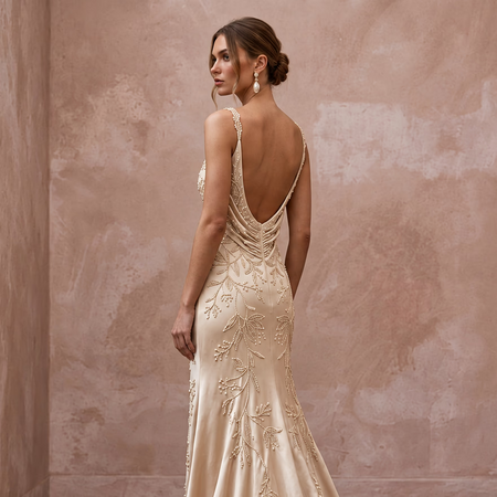 Champagne Silk Charmeuse Plunge Neck Flowing Maxi Dress