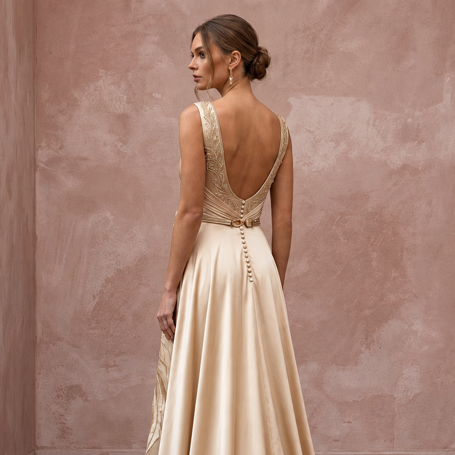 Champagne silk charmeuse maxi dress with plunge neckline and elegant back detailing, perfect for special occasions.