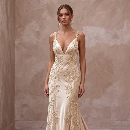 Champagne Silk Charmeuse Plunge Neck Flowing Maxi Dress