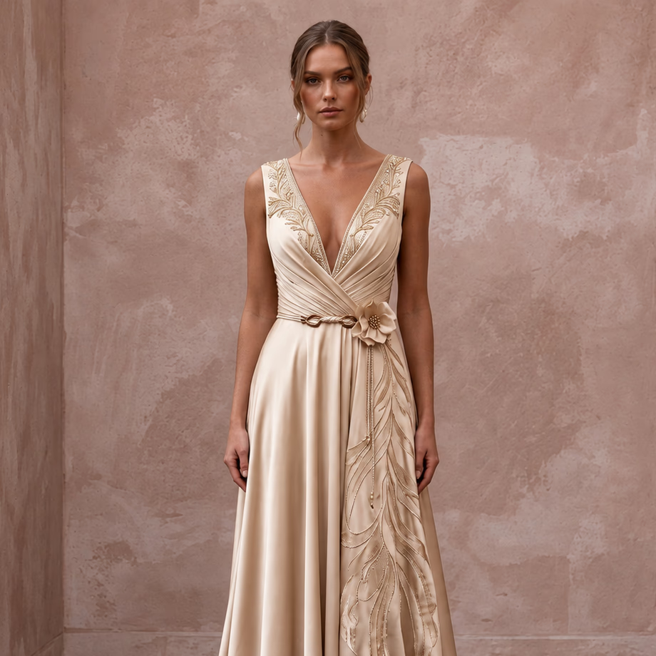 Champagne silk charmeuse maxi dress with plunge neck, intricate detailing, and a flower accent. Elegant and flowing design.