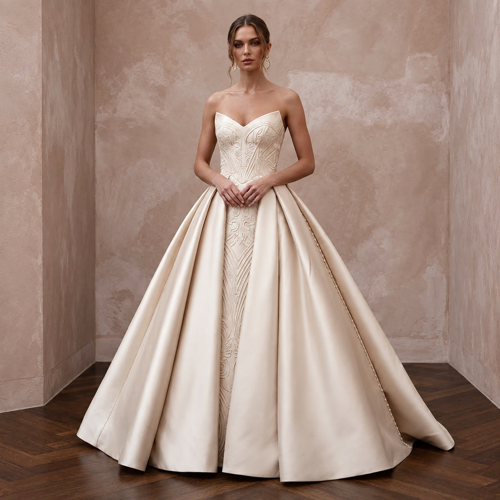 Champagne Silk Mikado Architectural Strapless Ball Gown for Cathedral Ceremony