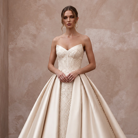 Champagne Silk Mikado Architectural Strapless Ball Gown for Cathedral Ceremony