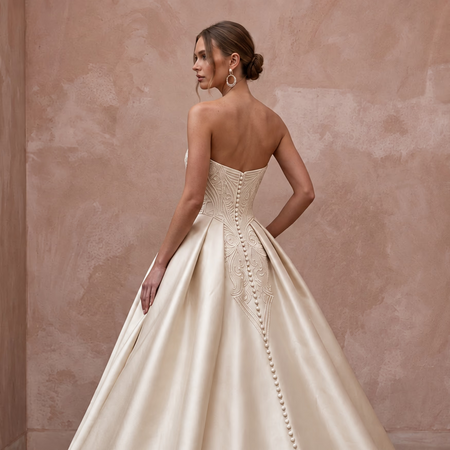 Champagne Silk Mikado Architectural Strapless Ball Gown for Cathedral Ceremony